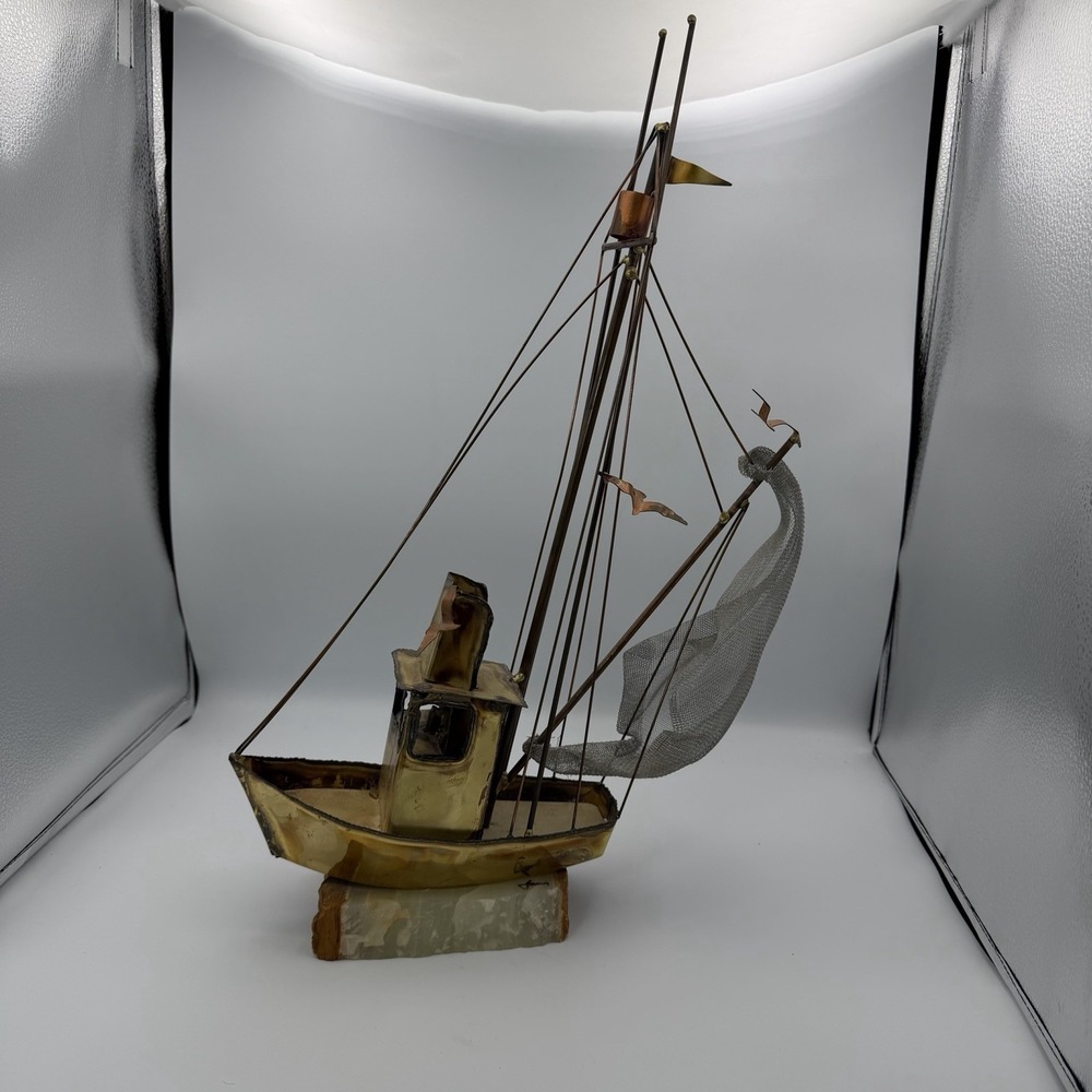 Mario Jason Fishing Boat Vessel On Onyx MCM Brass Art Sculpture